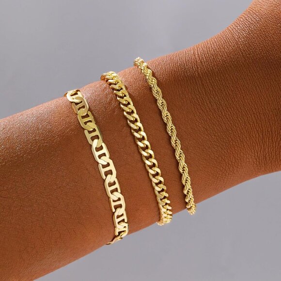 Gold Bracelet Set for Women Layered Link Rope Chain Adjustable Stack Jewelry - Picture 4 of 7
